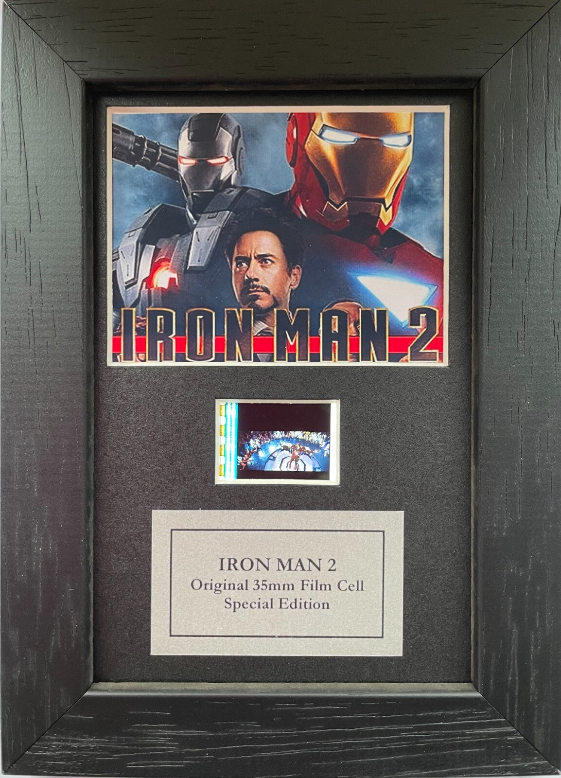 Hand crafted display featuring original Mini 35mm film cells for IRON MAN 2 fans