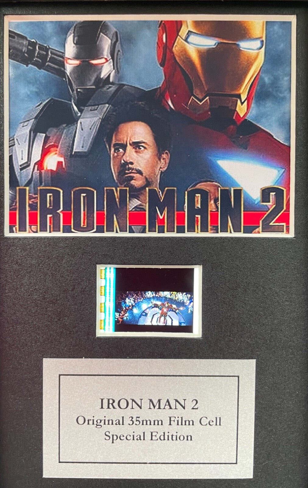 Hand crafted display featuring original Mini 35mm film cells for IRON MAN 2 fans