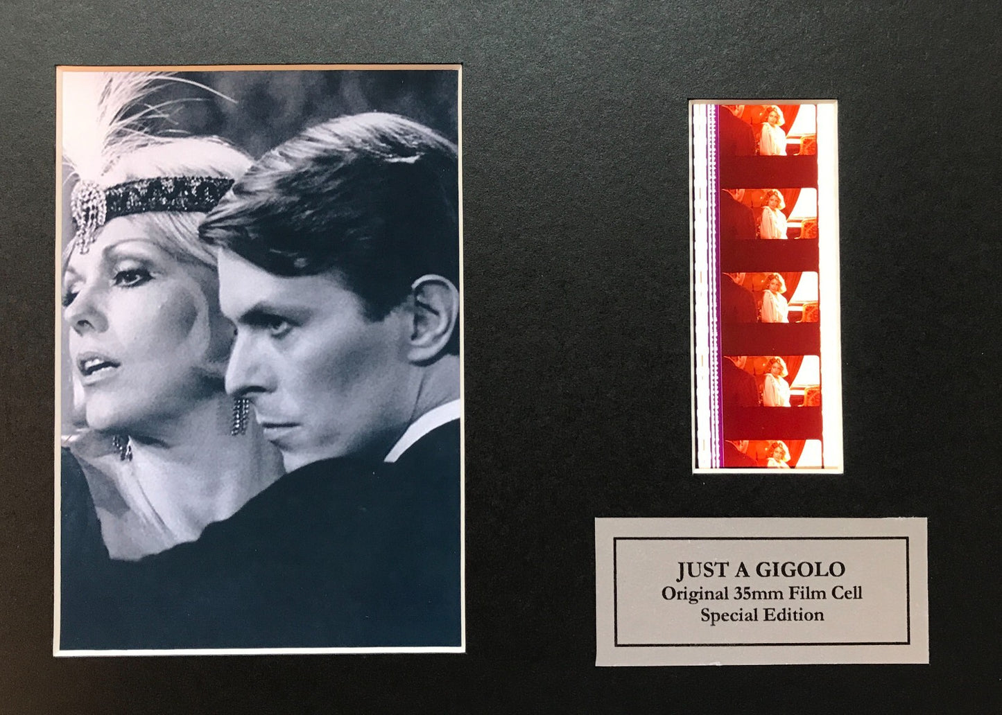 Handmade display featuring original 35mm film cells for JUST A GIGOLO 1978 fans