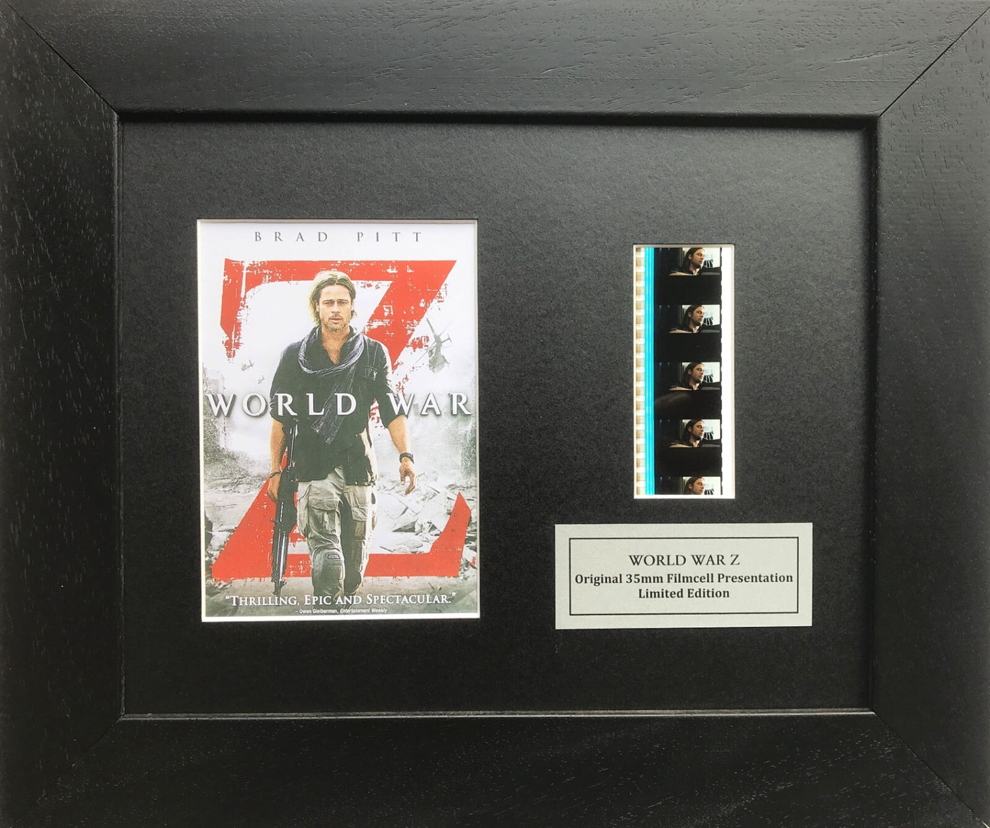 Hand crafted display featuring original 35mm film cells for WORLD WAR Z fans