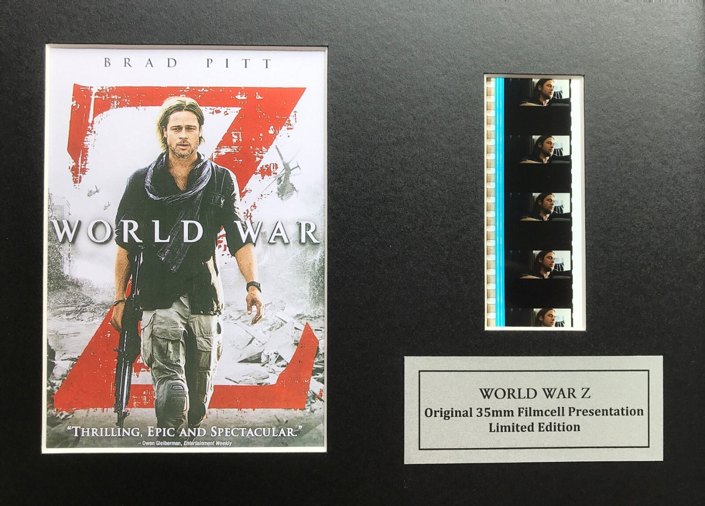 Hand crafted display featuring original 35mm film cells for WORLD WAR Z fans