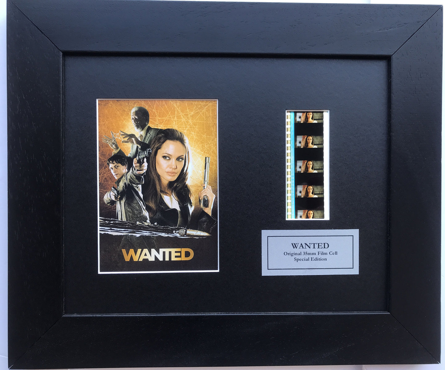 Hand crafted display featuring original filmcells for WANTED Angelina Jolie fans