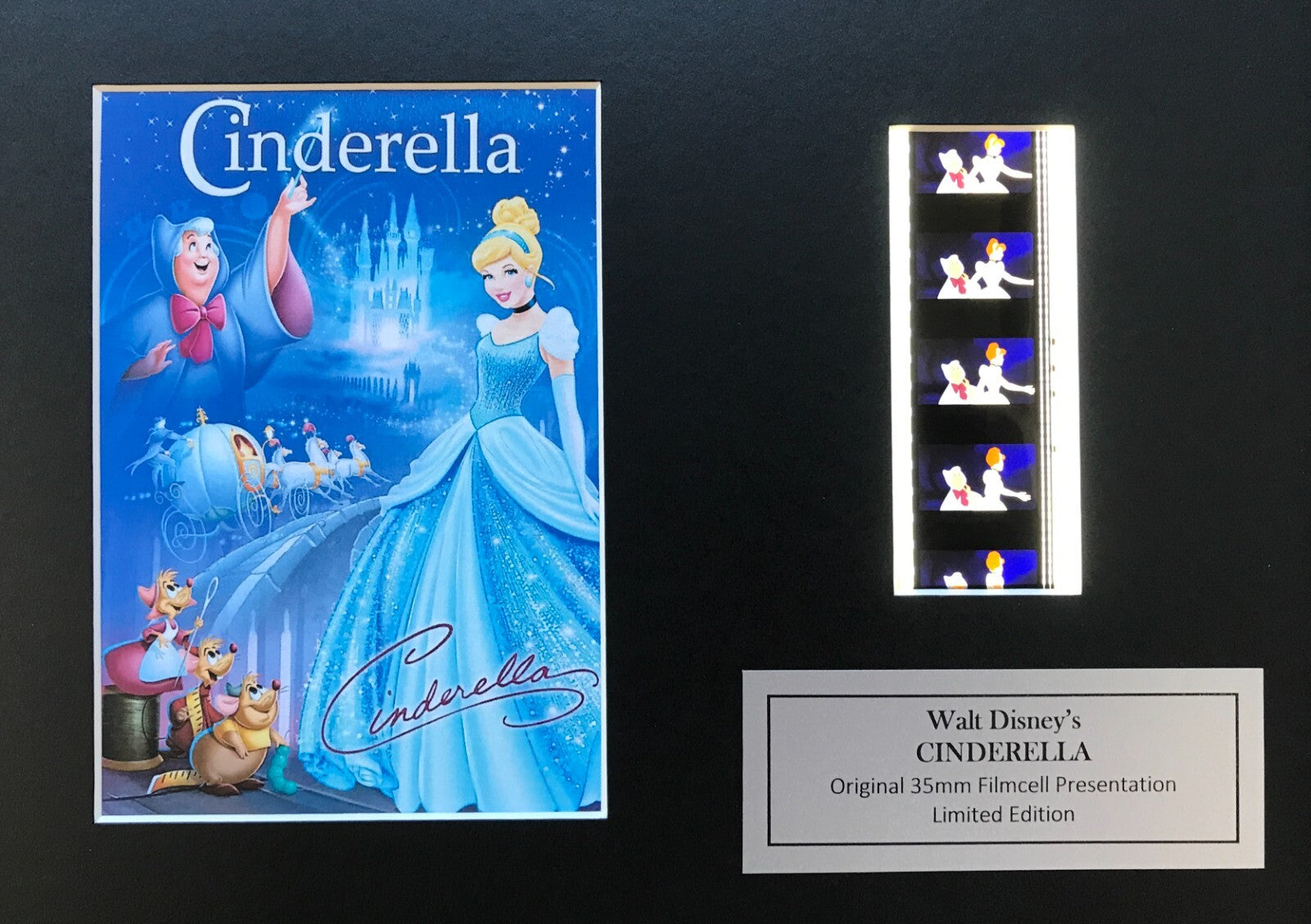 Hand crafted display featuring original 35mm film cells for a CINDERELLA fan