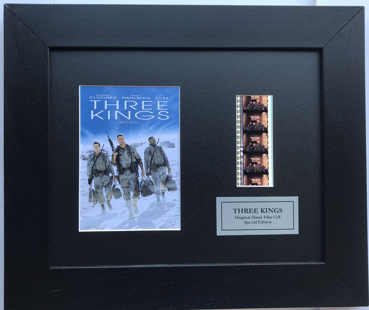 Hand crafted display featuring original 35mm film cells for THREE KINGS fans
