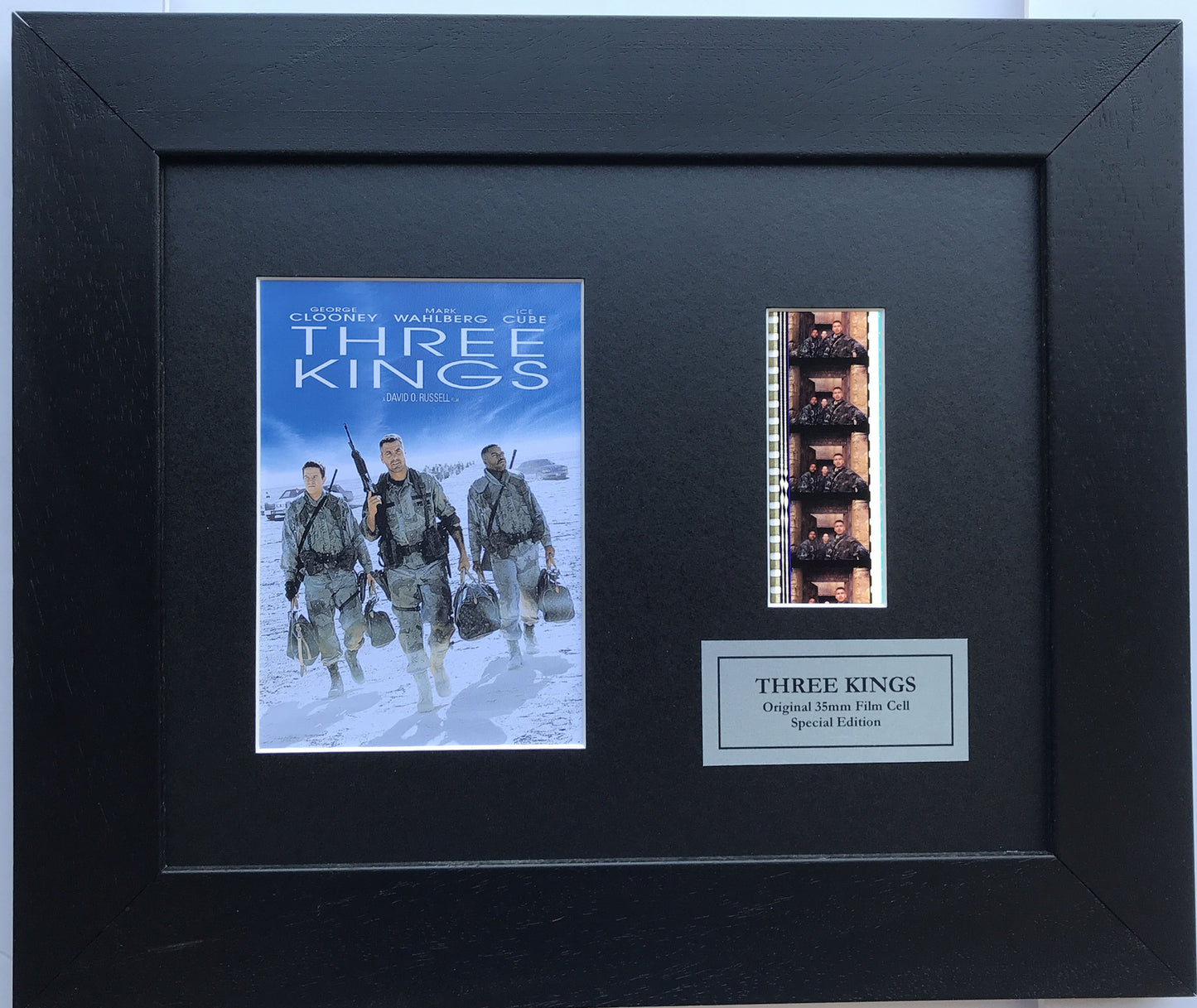 Hand crafted display featuring original 35mm film cells for THREE KINGS fans