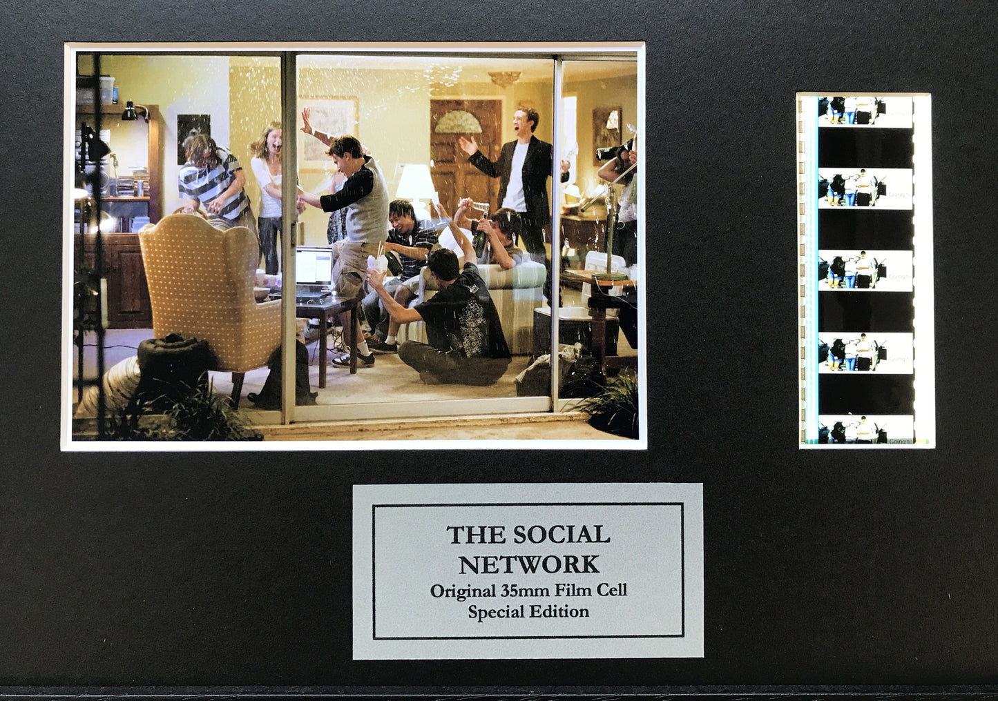 Hand crafted display featuring original 35mm film cells for THE SOCIAL NETWORK fans