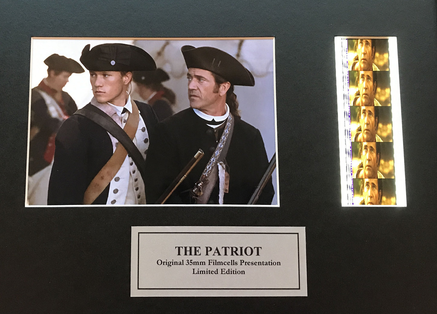 Hand crafted display featuring original 35mm film cells for THE PATRIOT fans