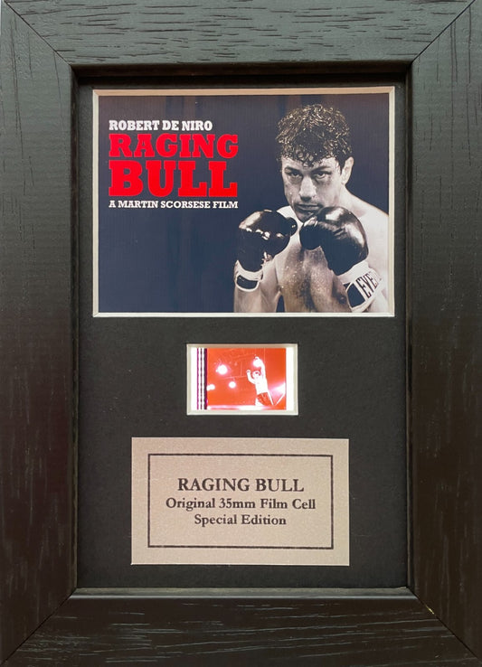 Hand crafted display featuring original Mini 35mm film cell for RAGING BULL fans