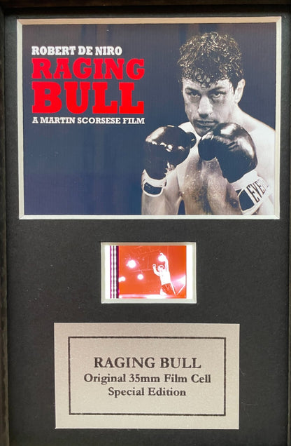 Hand crafted display featuring original Mini 35mm film cell for RAGING BULL fans