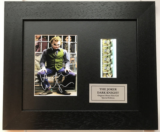 Hand crafted display featuring original filmcells for THE JOKER Dark Knight fans
