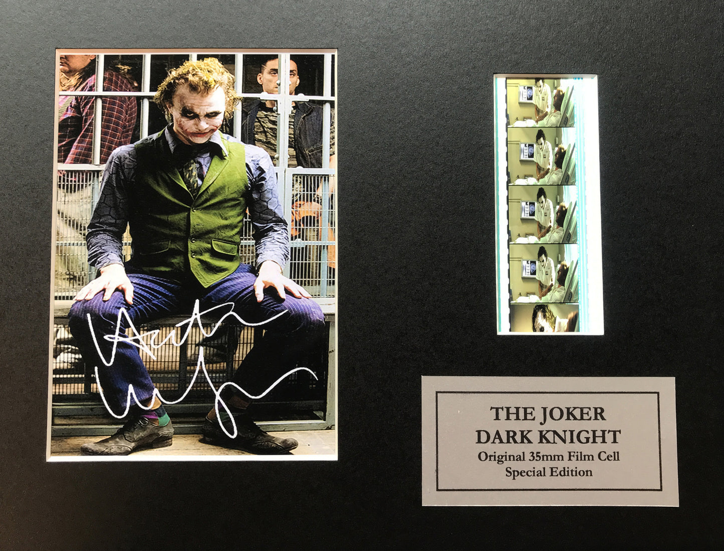 Hand crafted display featuring original filmcells for THE JOKER Dark Knight fans