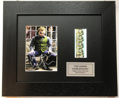 Hand crafted display featuring original filmcells for THE JOKER Dark Knight fans