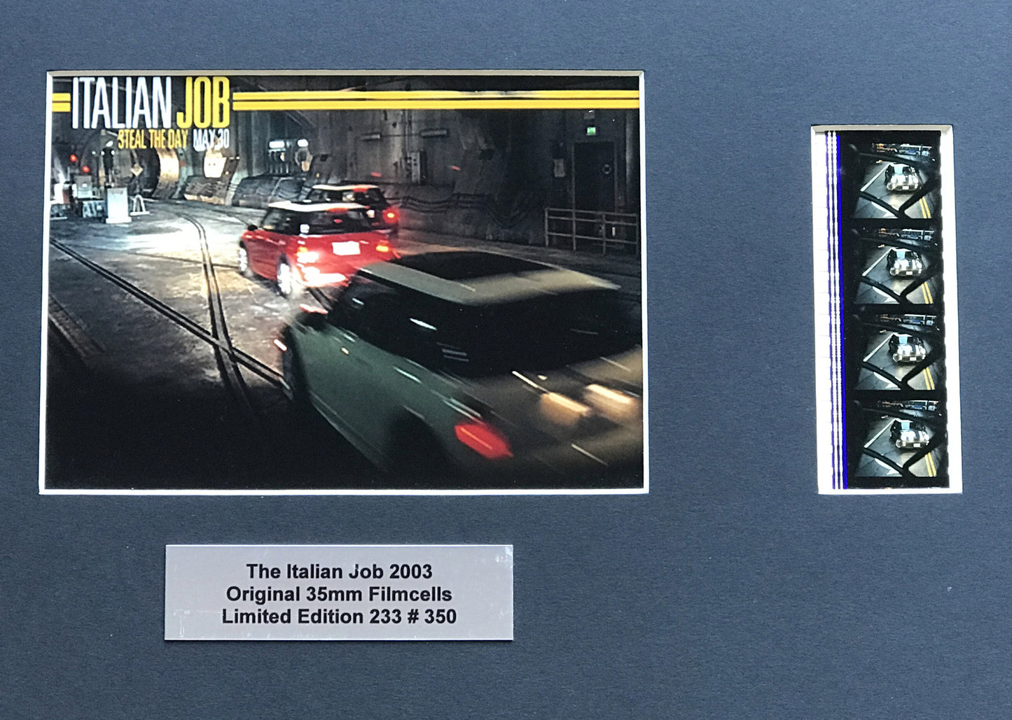 Hand crafted display featuring original 35mm film cells for THE ITALIAN JOB 2003