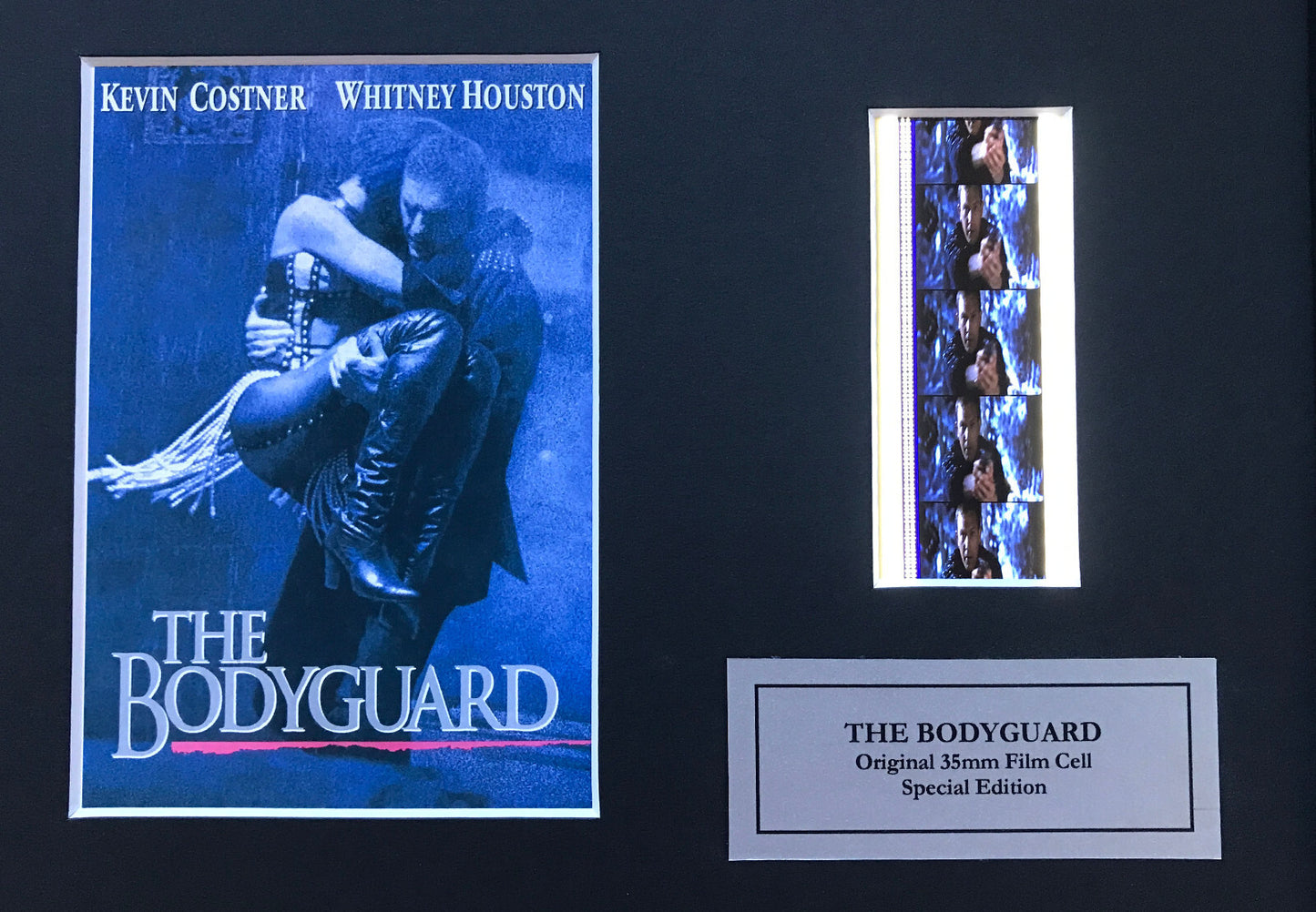 Hand crafted display featuring original 35mm film cells for THE BODYGUARD fans