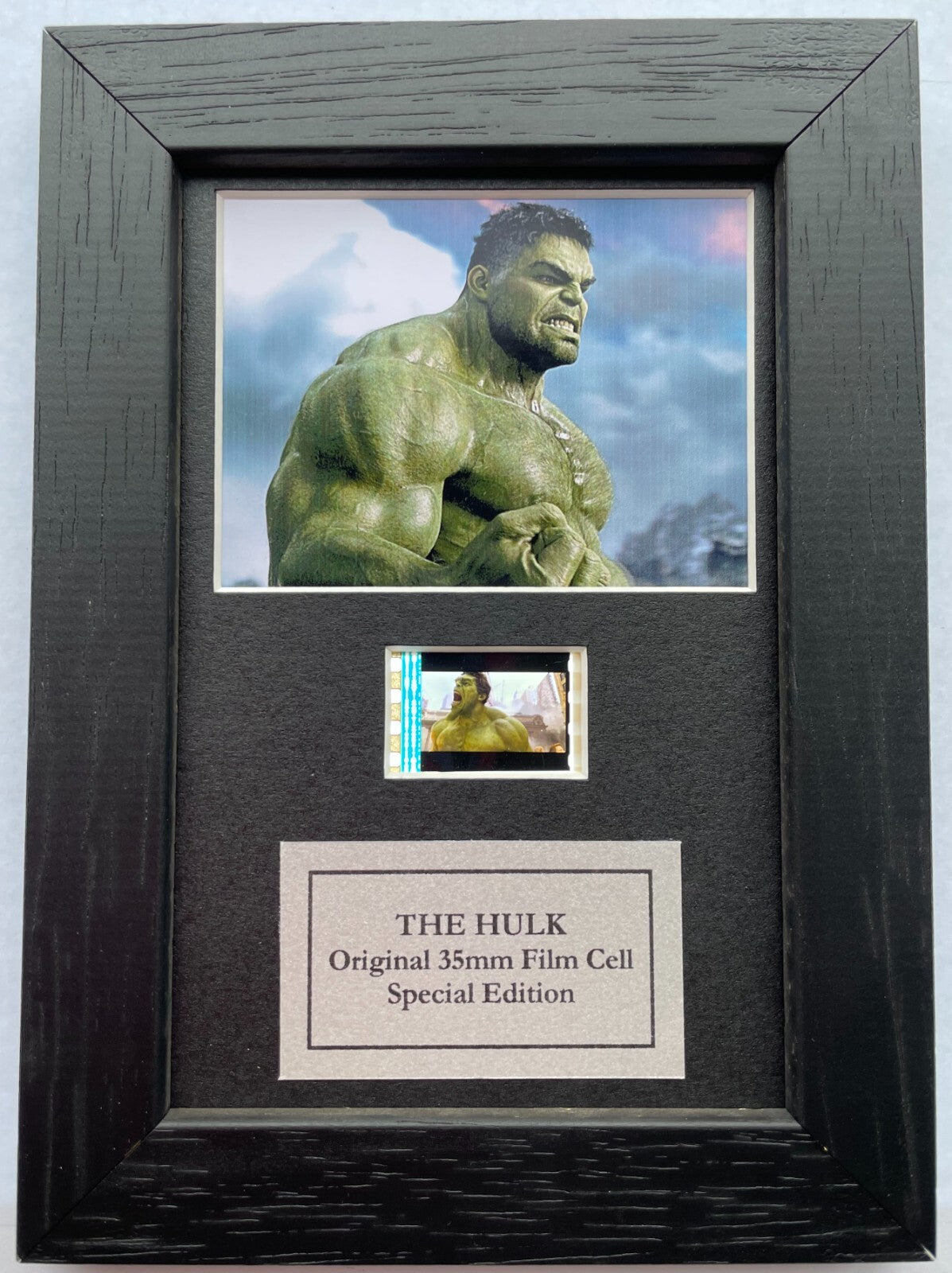 Hand crafted display featuring original 35mm film cell for THE HULK fans + COA