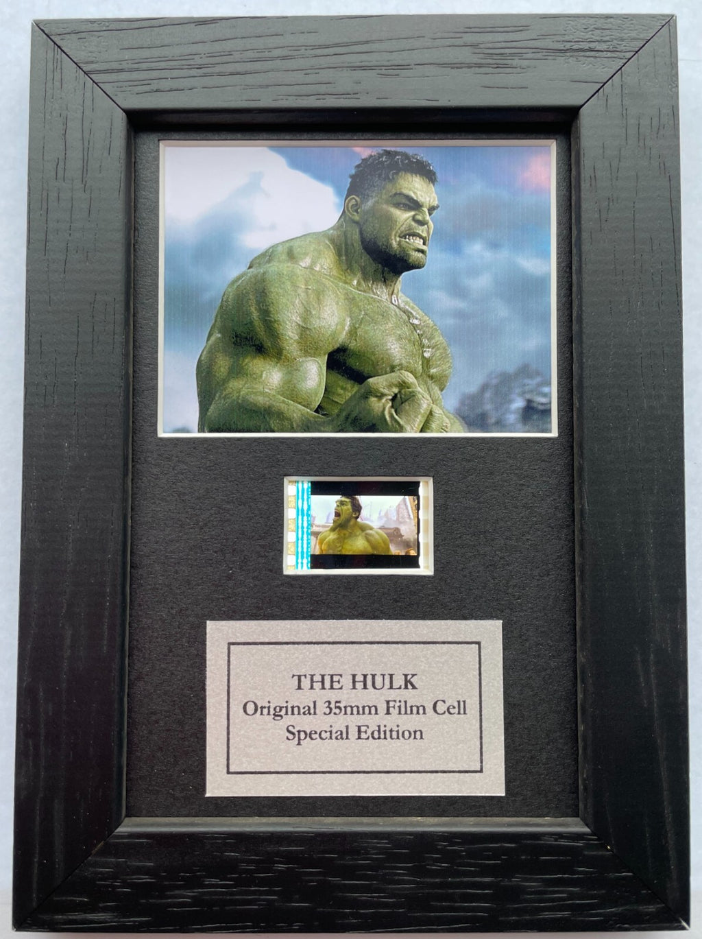 Hand crafted display featuring original 35mm film cell for THE HULK fans + COA