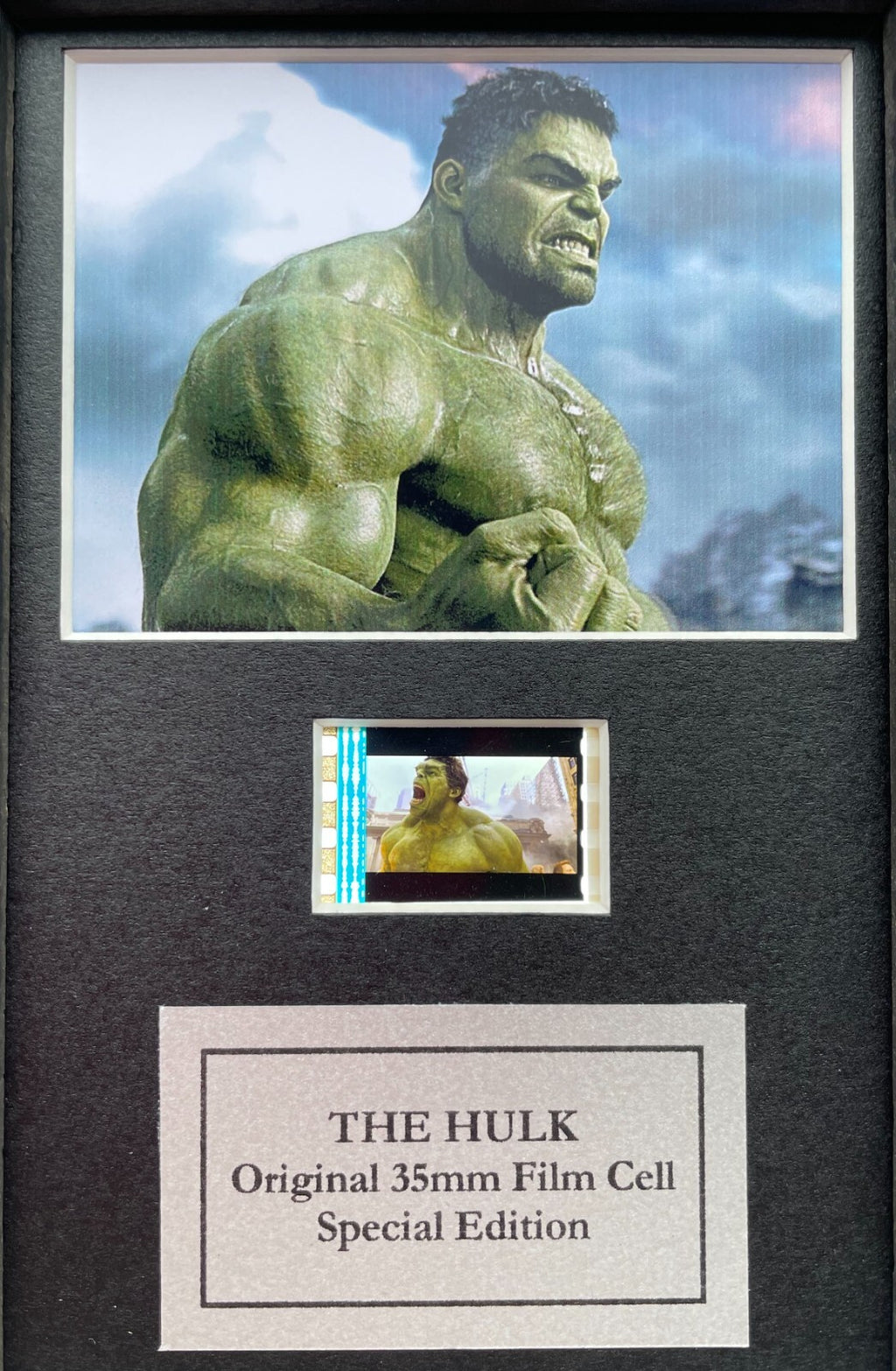 Hand crafted display featuring original 35mm film cell for THE HULK fans + COA