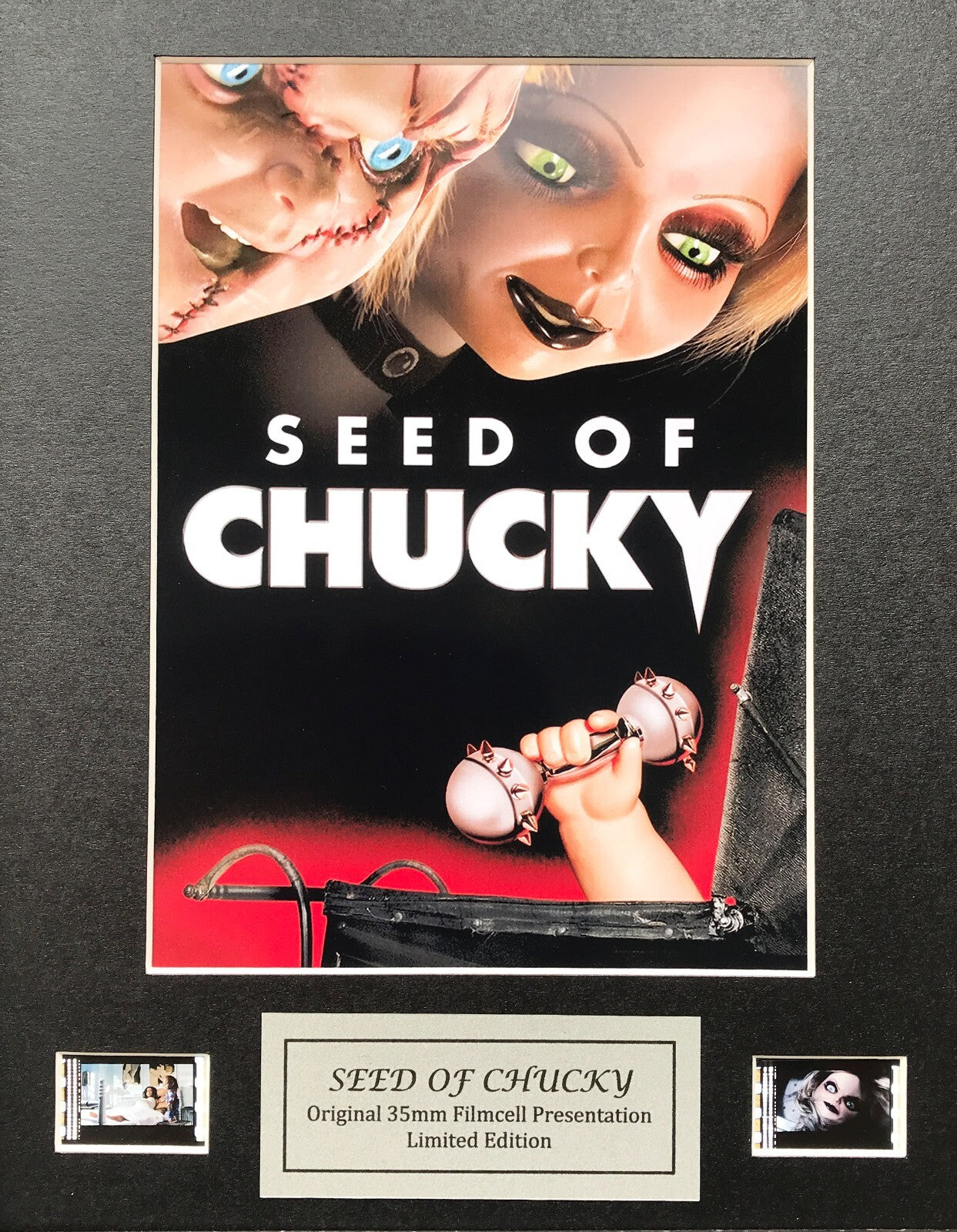 Hand crafted display featuring original 35mm film cells for SEED OF CHUCKY fans