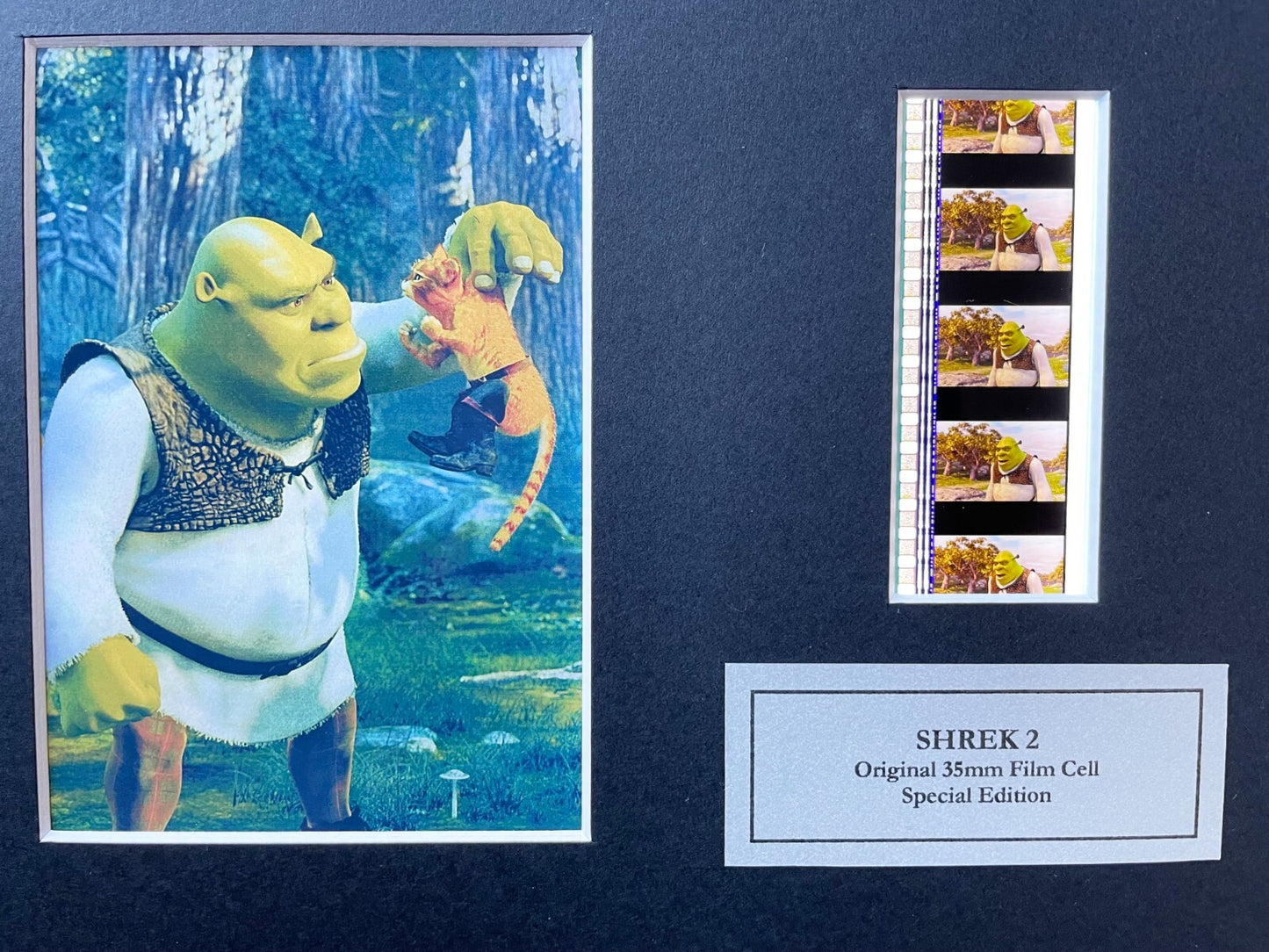 Hand crafted display featuring original 35mm film cells for SHREK 2 fans