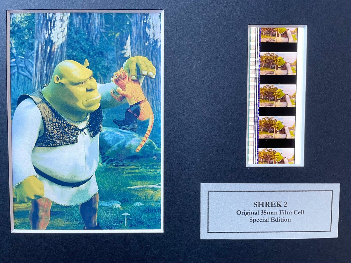 Hand crafted display featuring original 35mm film cells for SHREK 2 fans