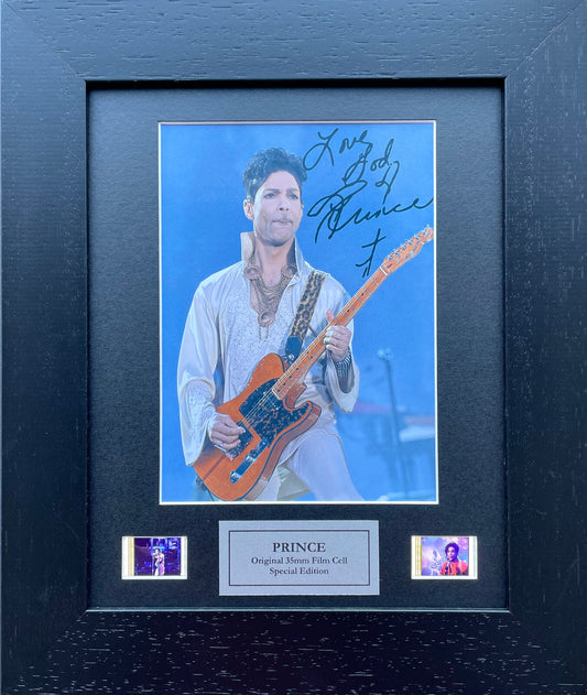 Hand crafted display featuring original 35mm film cells for a PRINCE fan vSR