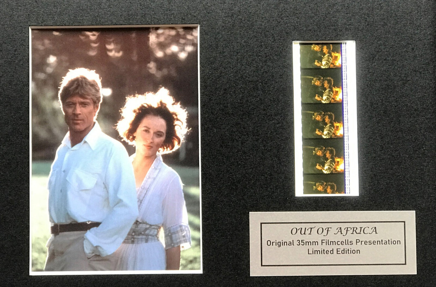 Handmade display featuring original 35mm film cells for an OUT OF AFRICA fan