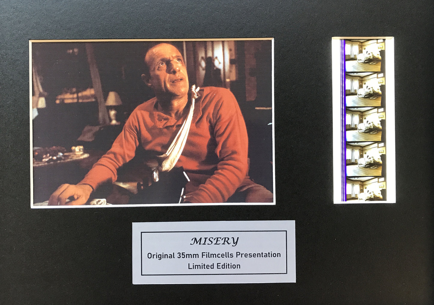 Hand crafted display featuring original 35mm filmcells for a MISERY fan + COA v2