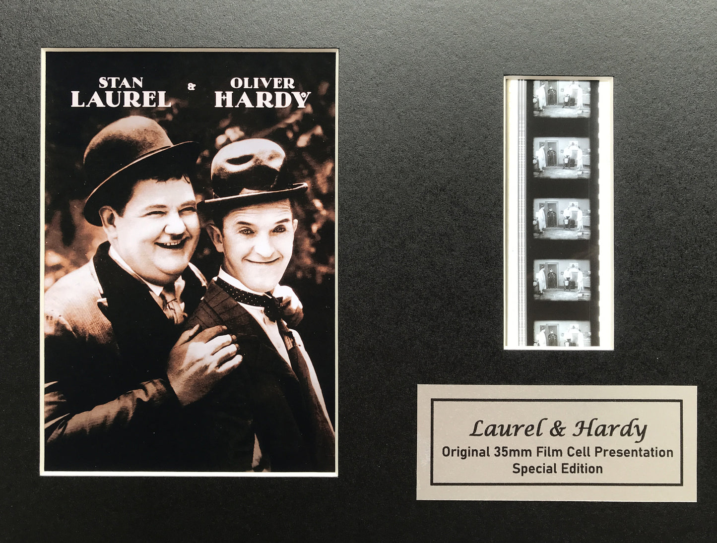 Hand crafted display featuring original 35mm film cells for LAUREL & HARDY fans
