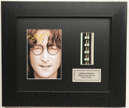 Hand crafted display featuring original 35mm film cells for John Lennon fans