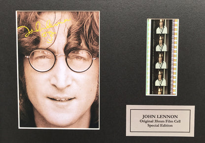 Hand crafted display featuring original 35mm film cells for John Lennon fans