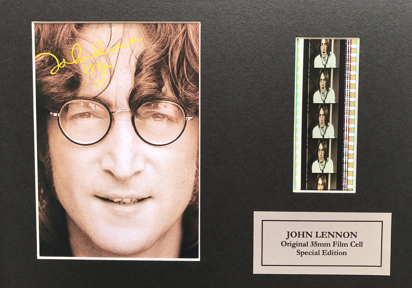 Hand crafted display featuring original 35mm film cells for John Lennon fans