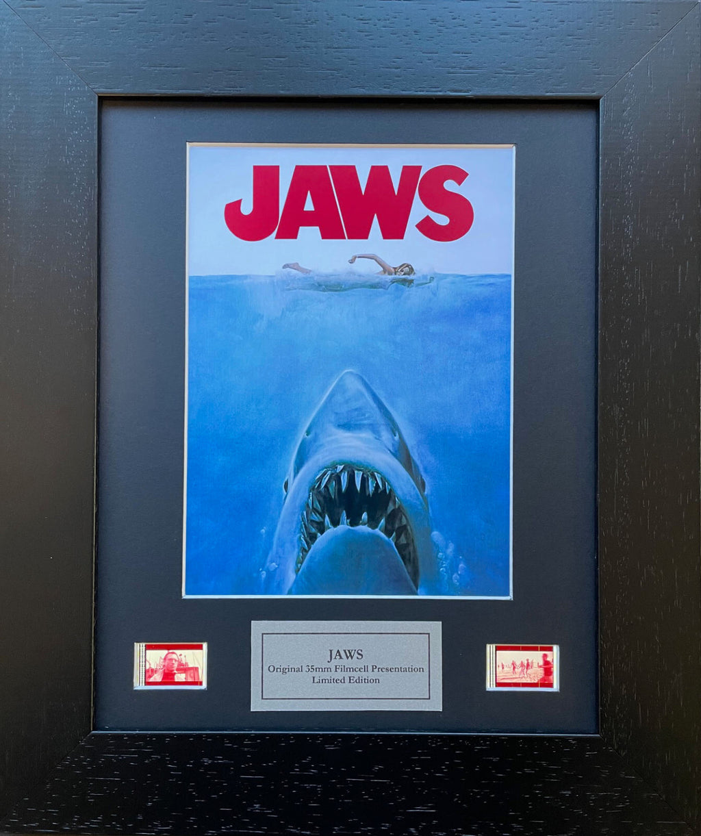 Hand crafted display featuring original 35mm film cells for a JAWS fan + COA