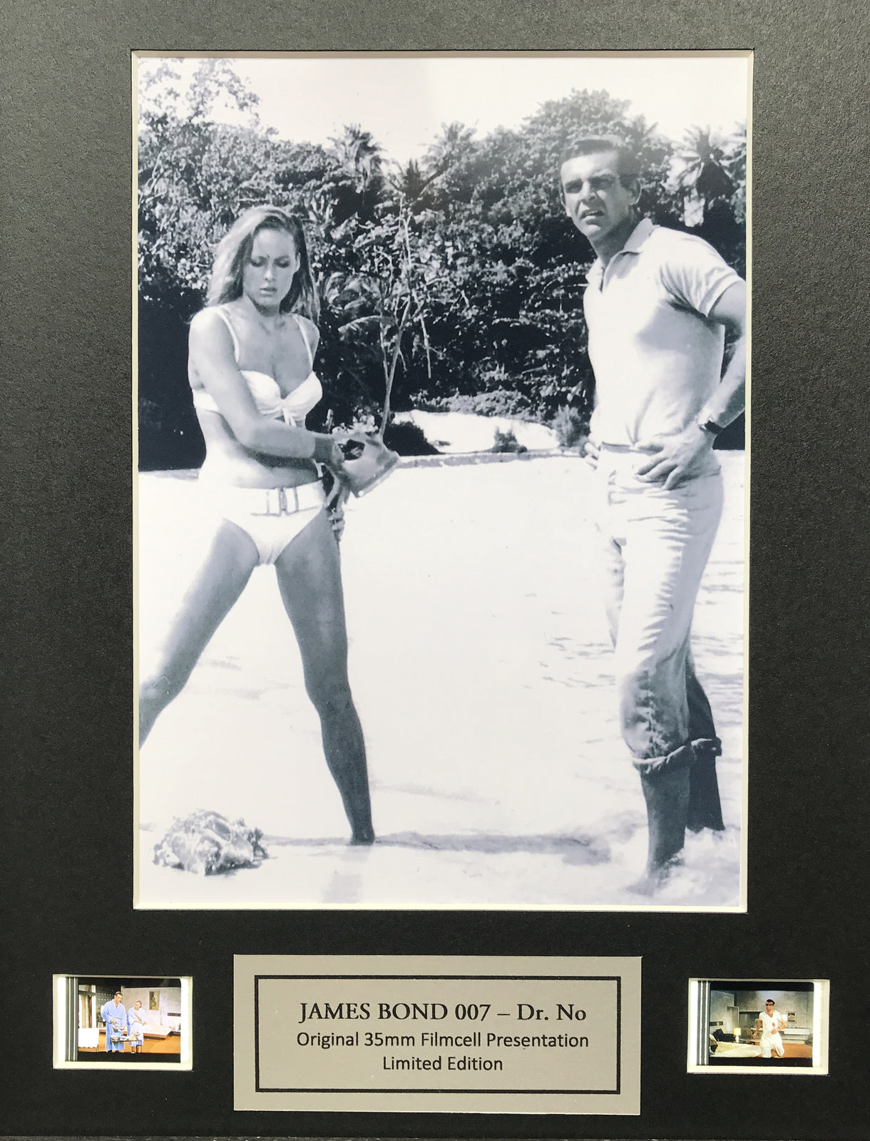 Hand crafted display featuring original film cells for James Bond DR. NO fans