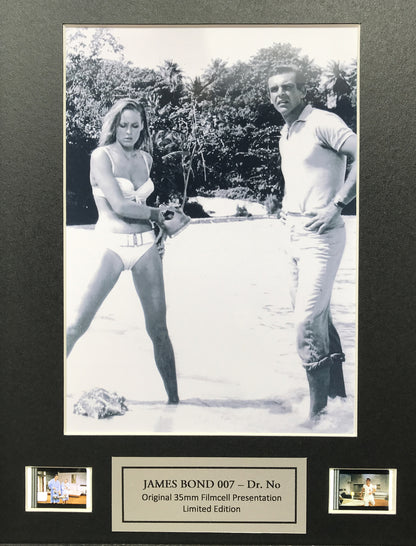 Hand crafted display featuring original film cells for James Bond DR. NO fans