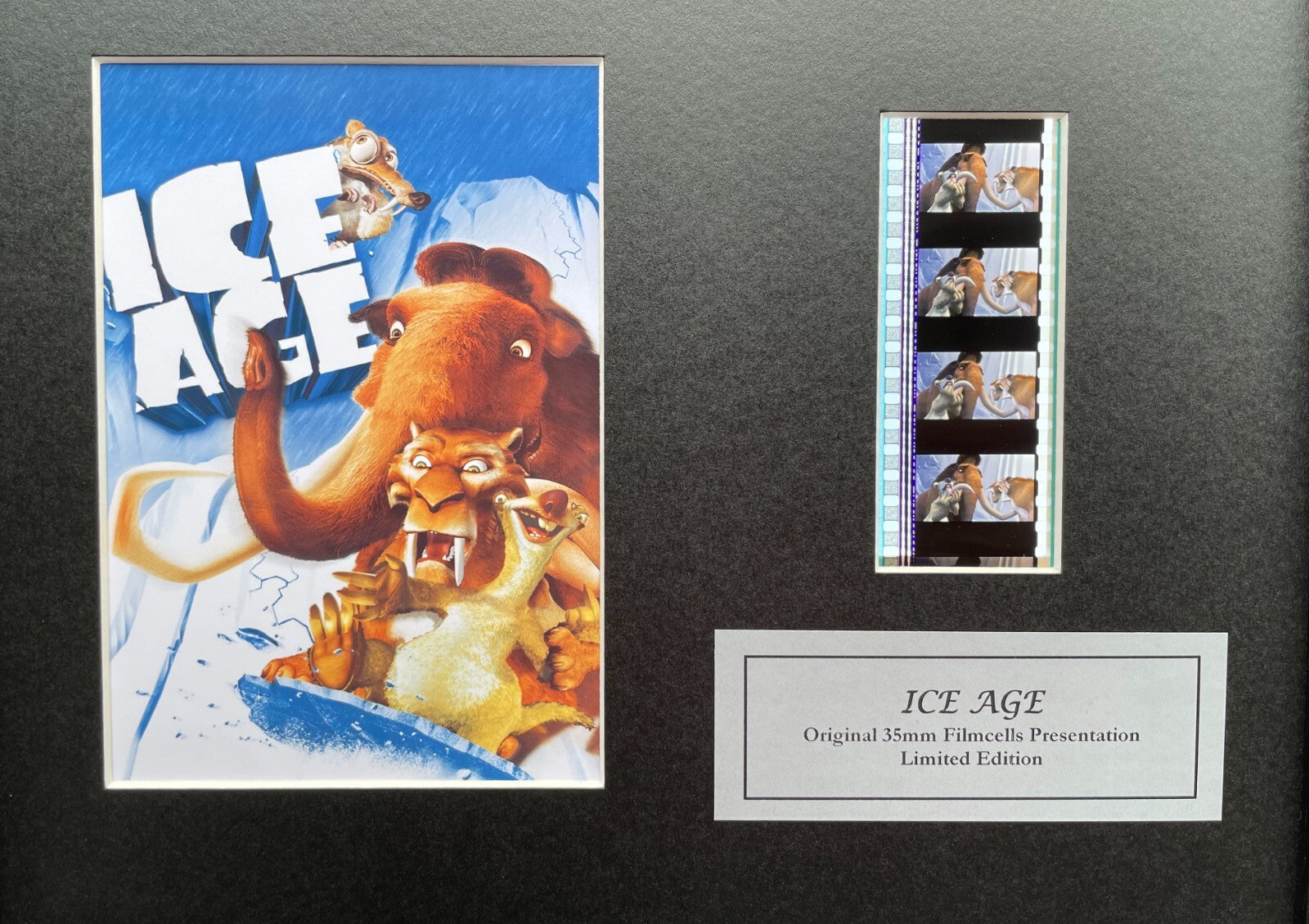 Hand crafted display featuring original 35mm film cells for an ICE AGE fan + COA