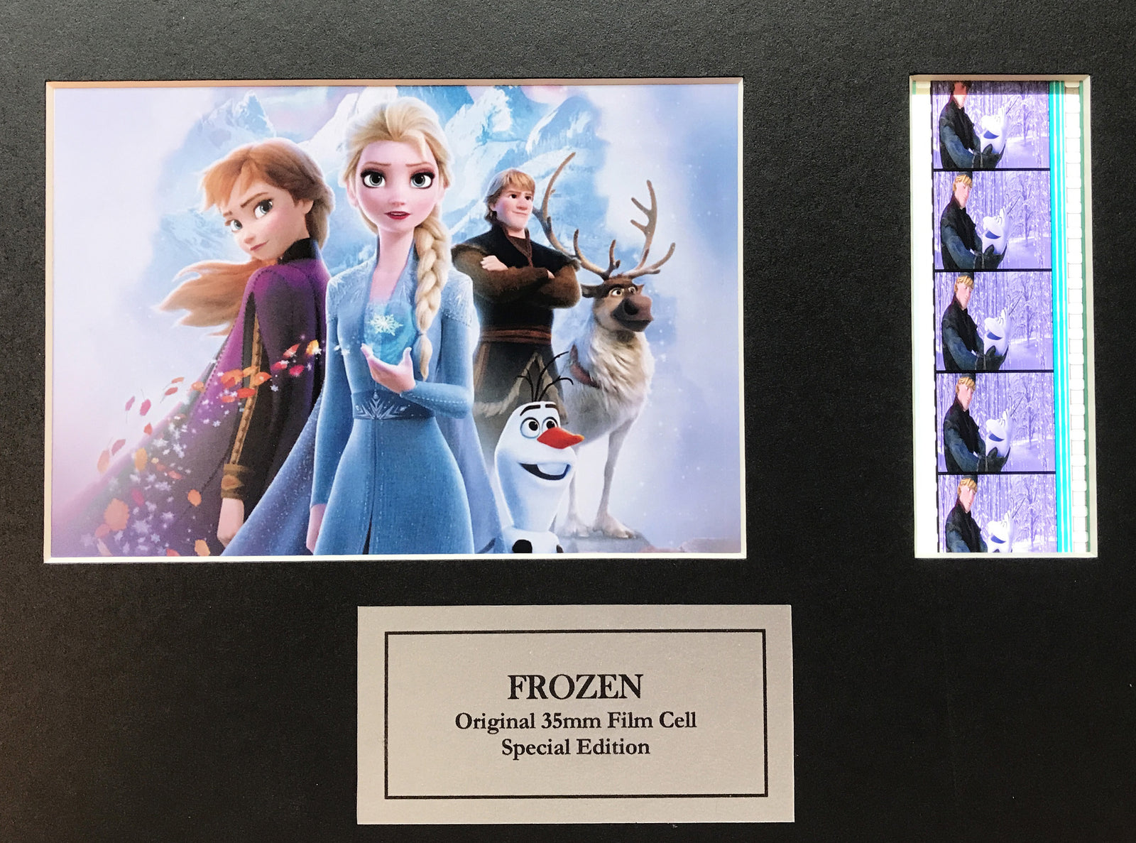 Hand crafted display featuring original 35mm film cells for a FROZEN fan + COA
