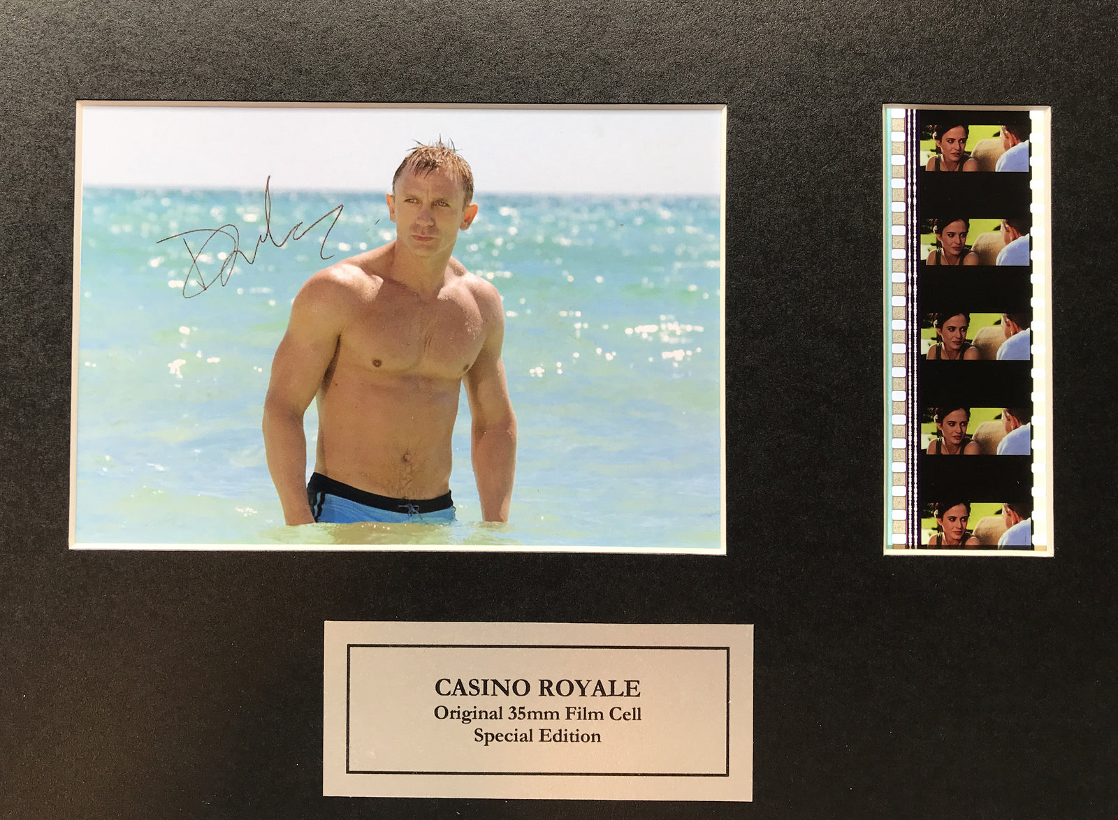 Hand crafted display featuring original 35mm film cells for a DANIEL CRAIG fan