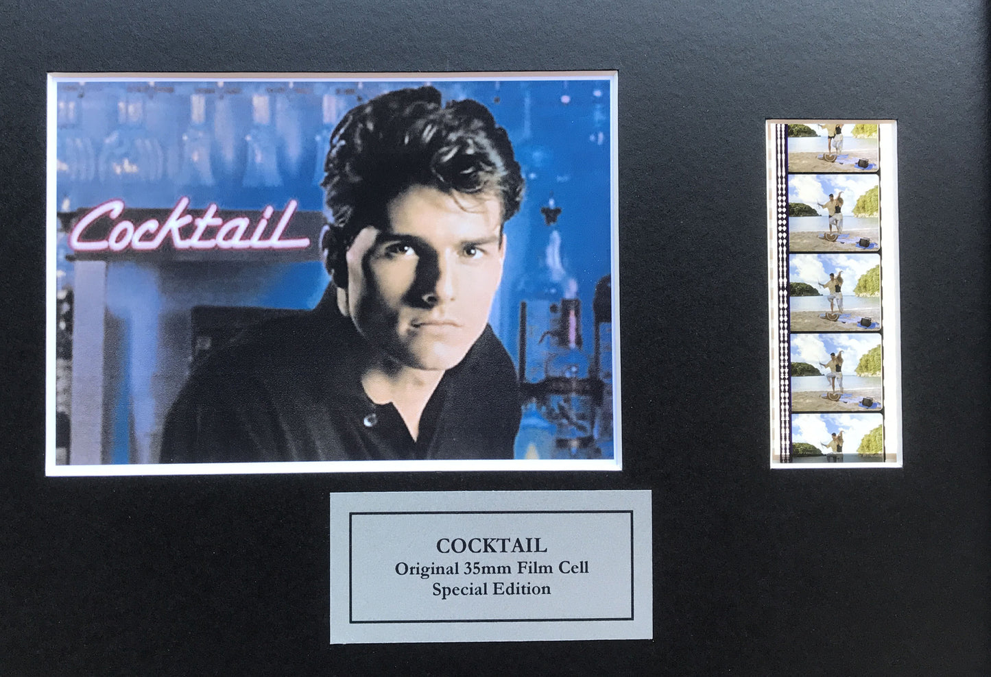 Hand crafted display featuring original 35mm film cells for COCKTAIL fans + COA