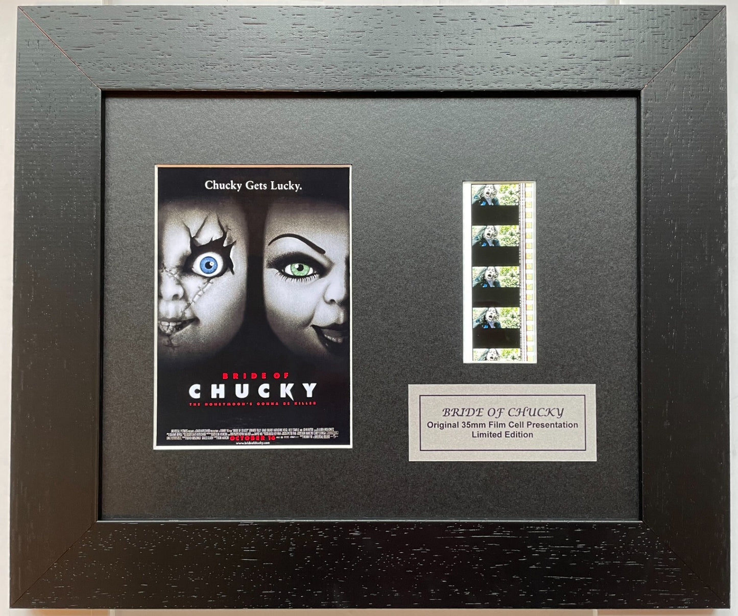 Hand crafted display featuring original 35mm film cells for BRIDE OF CHUCKY fans