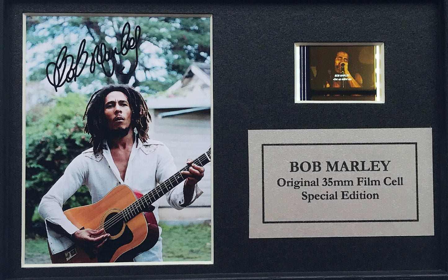Hand crafted display featuring original Mini 35mm film cells for BOB MARLEY fans