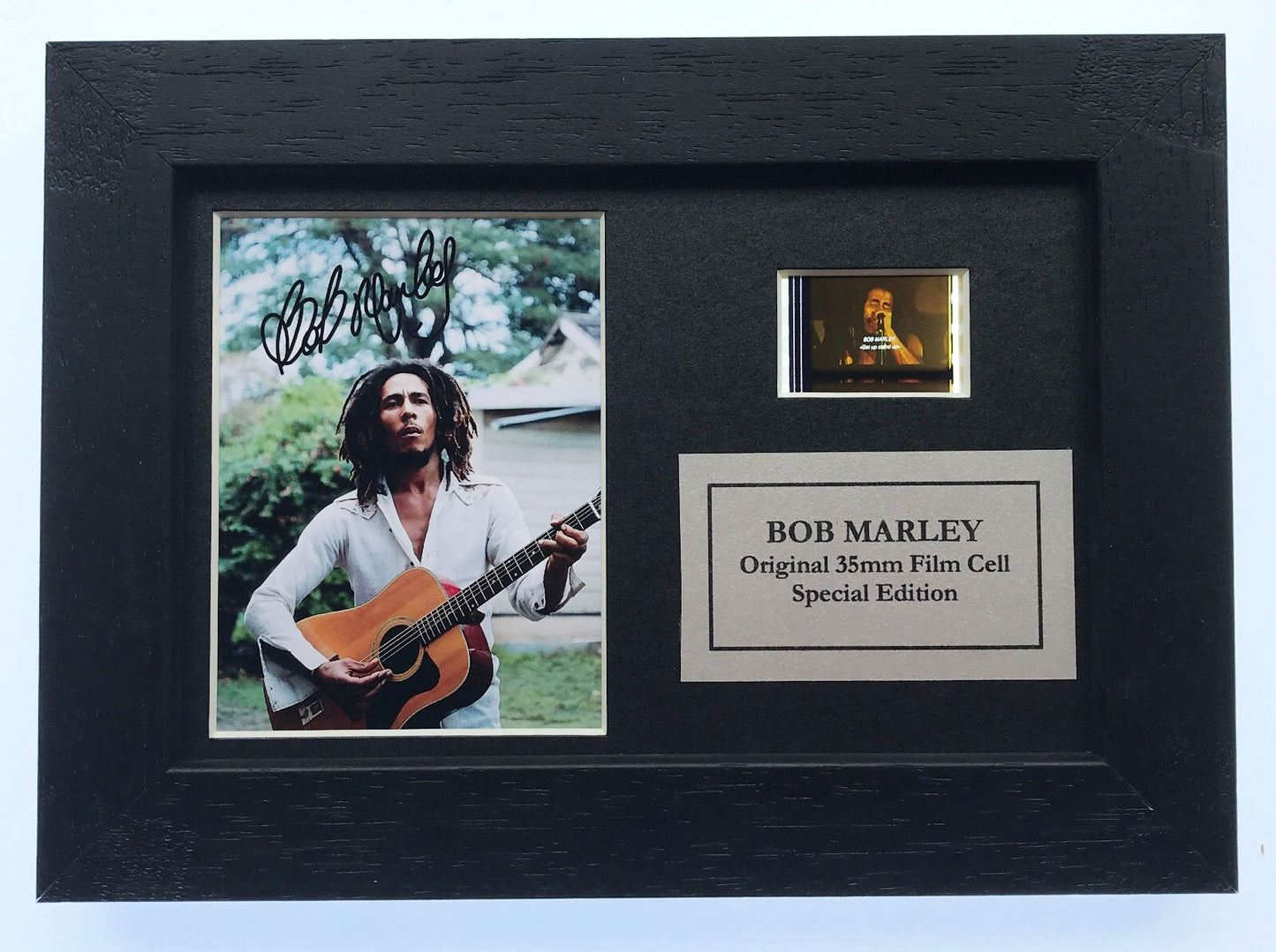 Hand crafted display featuring original Mini 35mm film cells for BOB MARLEY fans