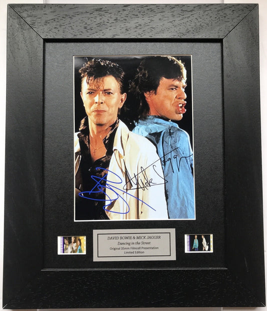 Handmade display featuring original 35mm film cells for BOWIE & JAGGER 1985 fans