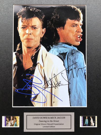 Handmade display featuring original 35mm film cells for BOWIE & JAGGER 1985 fans
