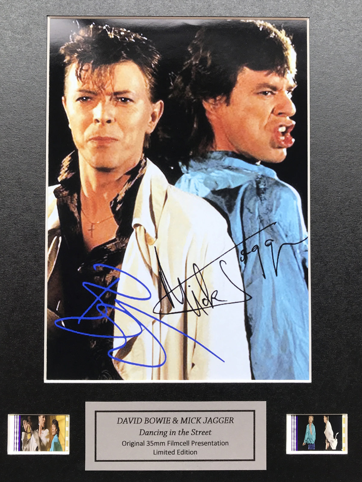 Handmade display featuring original 35mm film cells for BOWIE & JAGGER 1985 fans
