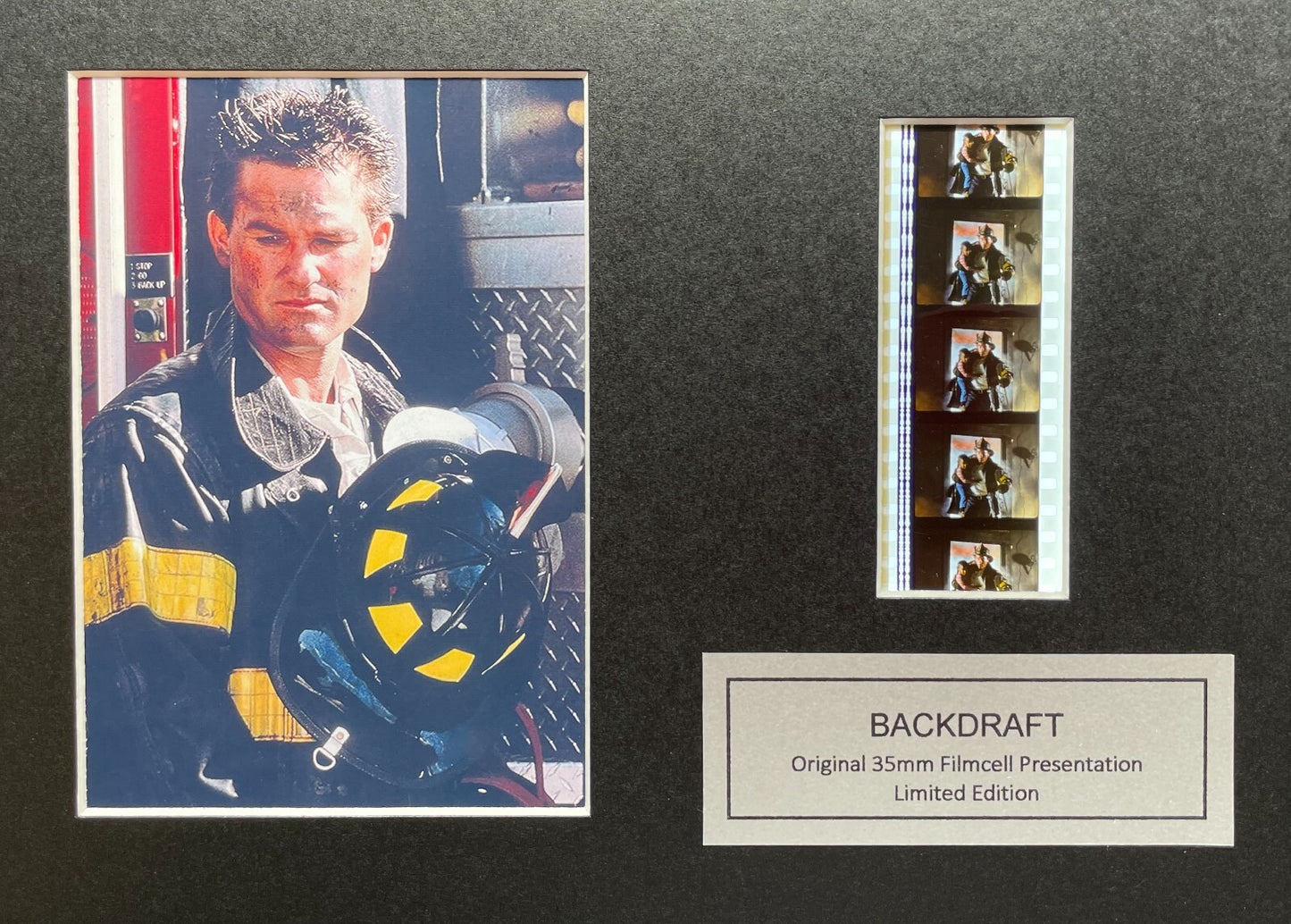 Hand crafted display featuring original 35mm filmcells for a BACKDRAFT fan + COA
