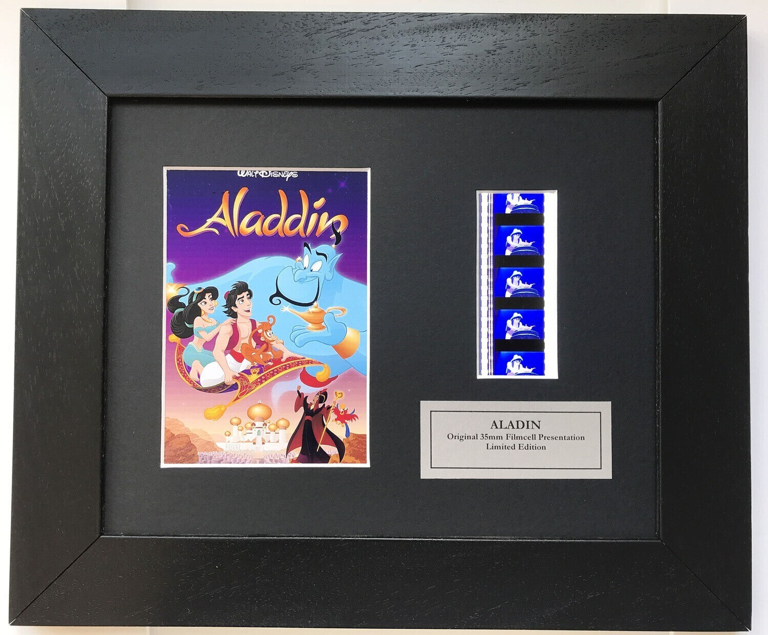 Hand crafted display featuring original 35mm film cells for ALADDIN 1992 fans