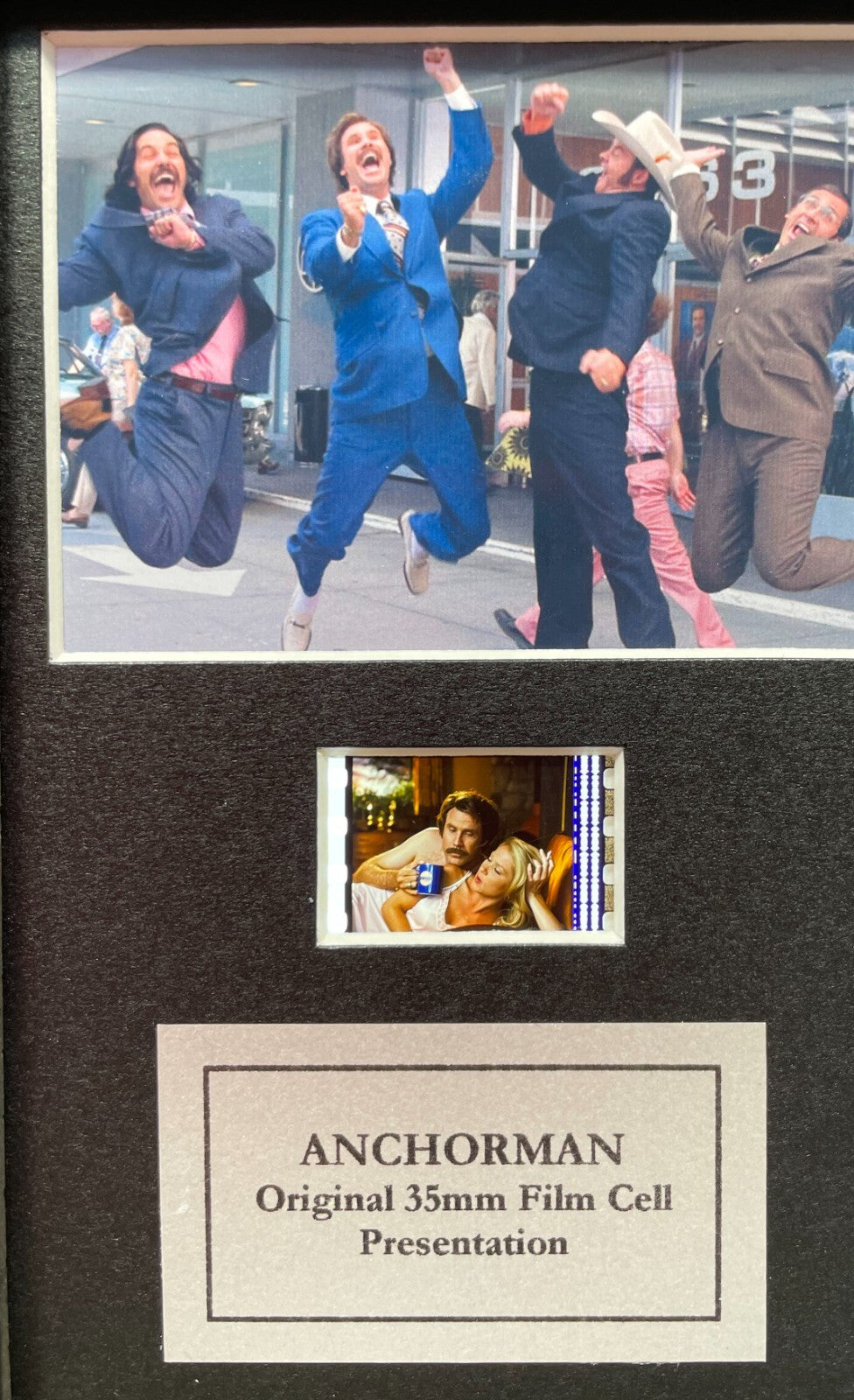 Hand crafted display featuring original 35mm mini filmcell for an ANCHORMAN fan