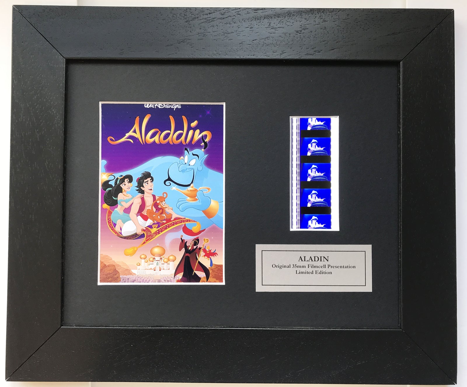Hand crafted display featuring original 35mm film cells for ALADDIN 1992 fans