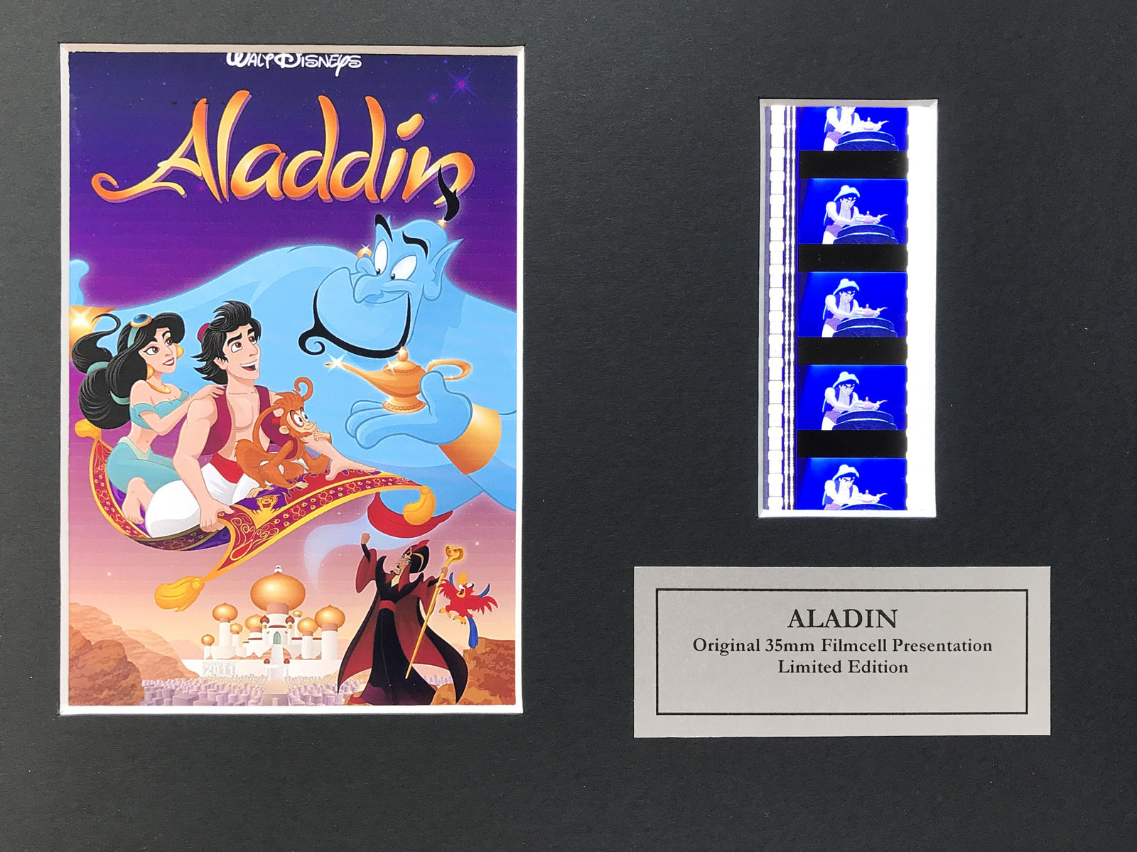 Hand crafted display featuring original 35mm film cells for ALADDIN 1992 fans