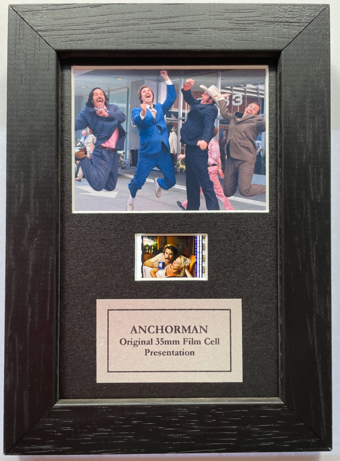 Hand crafted display featuring original 35mm mini filmcell for an ANCHORMAN fan